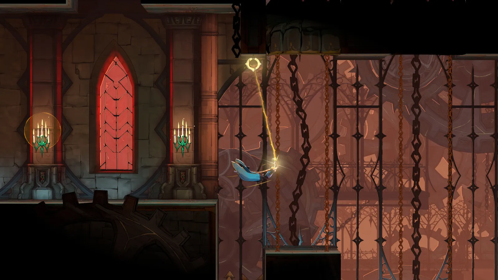 Rose Belmont swinging from a glowing grapple anchor with her whip in a clockwork castle hall