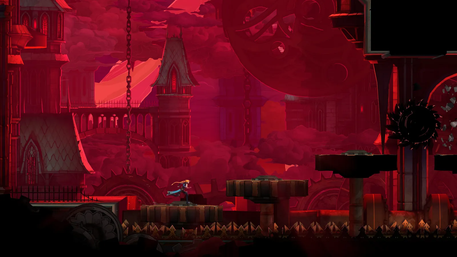 Rose running across moving gear platforms under a blood-red sky with spinning saw blades