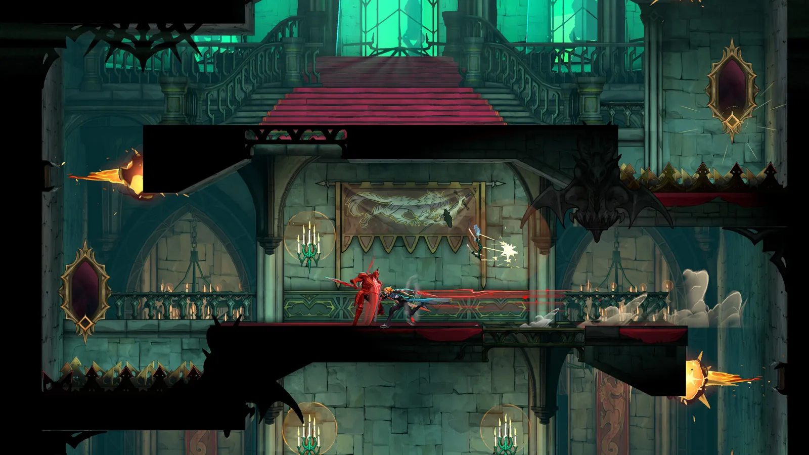 Rose fighting a red armoured knight on a castle balcony lit by green chandeliers