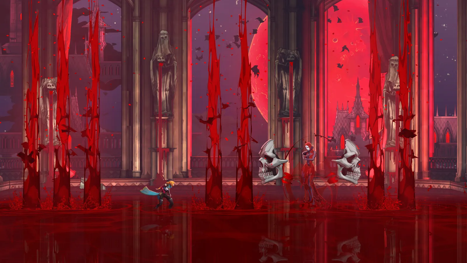 A boss arena flooded with blood, giant skulls and blood spikes rising under a red moon