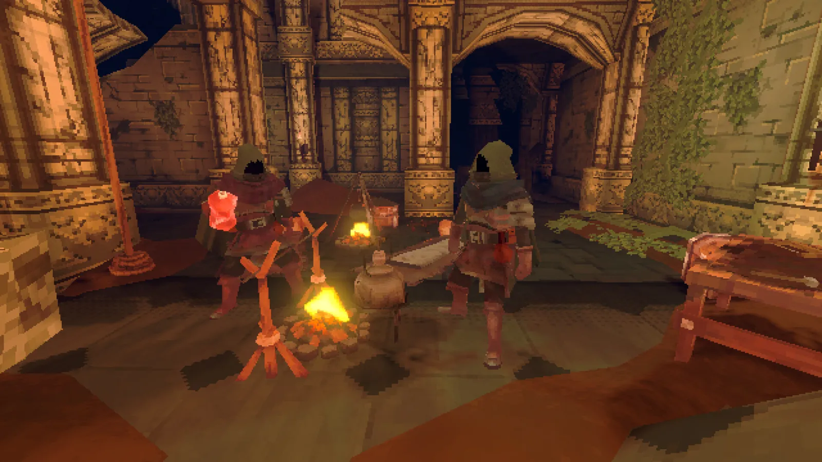 Two hooded adventurers at a campfire with a cooking spit in a stone dungeon hall