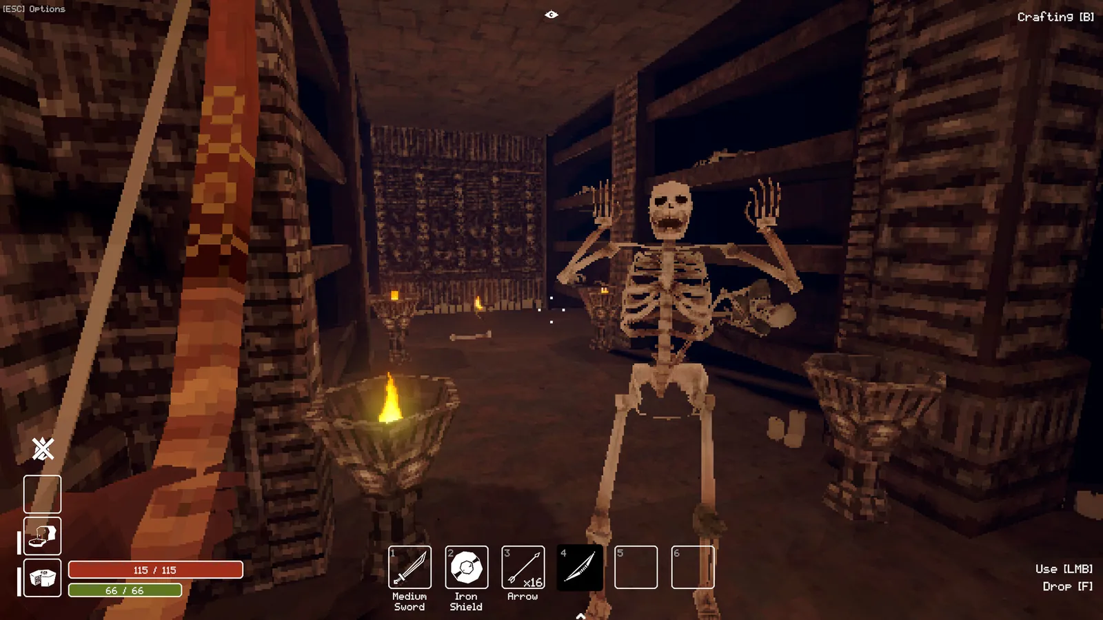 A skeleton rising between two braziers in a dark corridor, seen over a held bow