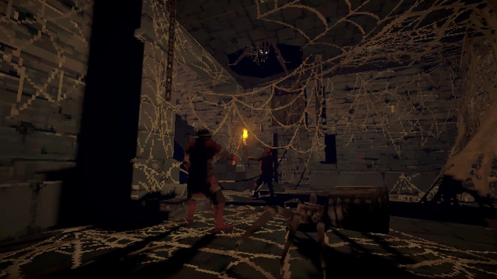A web-choked chamber in the spider prison lit by a single torch