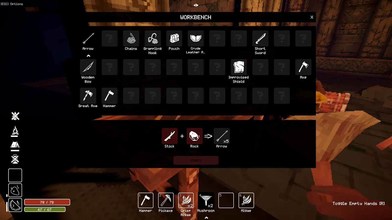The Workbench crafting menu: a stick plus a stone makes an arrow