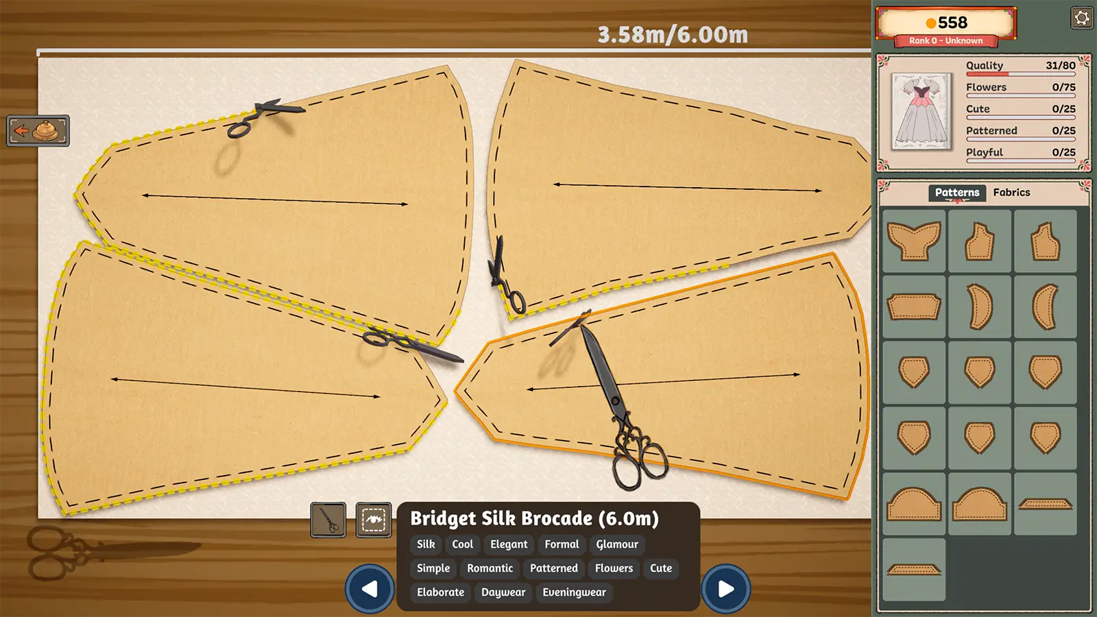 Cutting pattern pieces from Bridget Silk Brocade, each piece showing its grain-line arrow