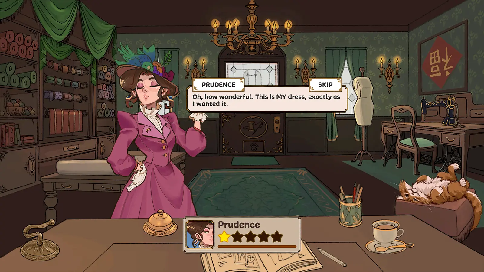 Prudence at the shop counter receiving her dress, with a five-star rating