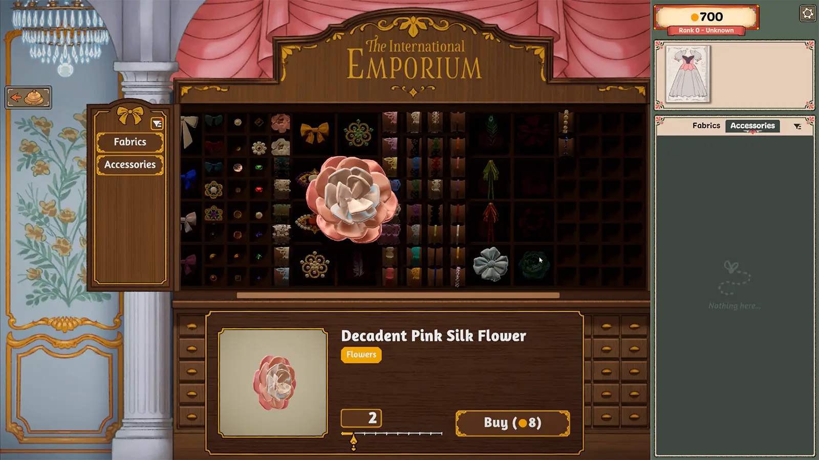 The Emporium's accessory shelf, with a Decadent Pink Silk Flower selected