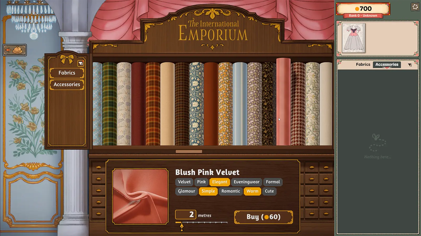 The International Emporium's fabric wall, with Blush Pink Velvet selected and its style tags listed