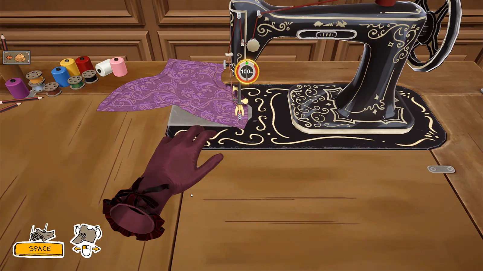 Guiding purple fabric through the vintage sewing machine