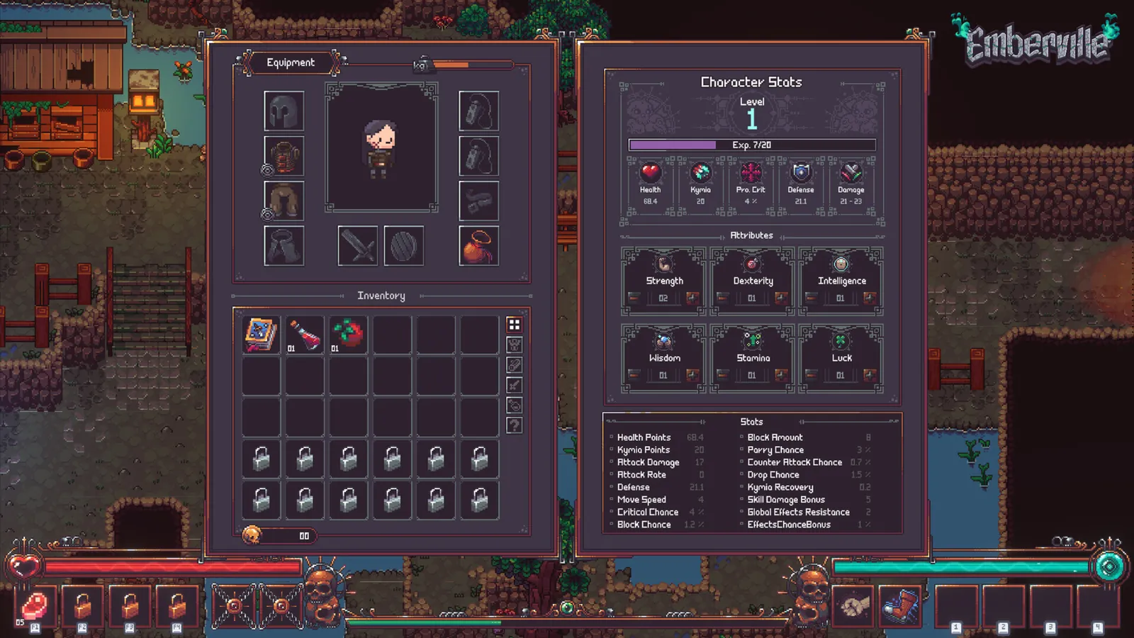 The Character Stats screen at level 1: Strength, Dexterity, Intelligence, Wisdom, Stamina and Luck above a list of derived stats
