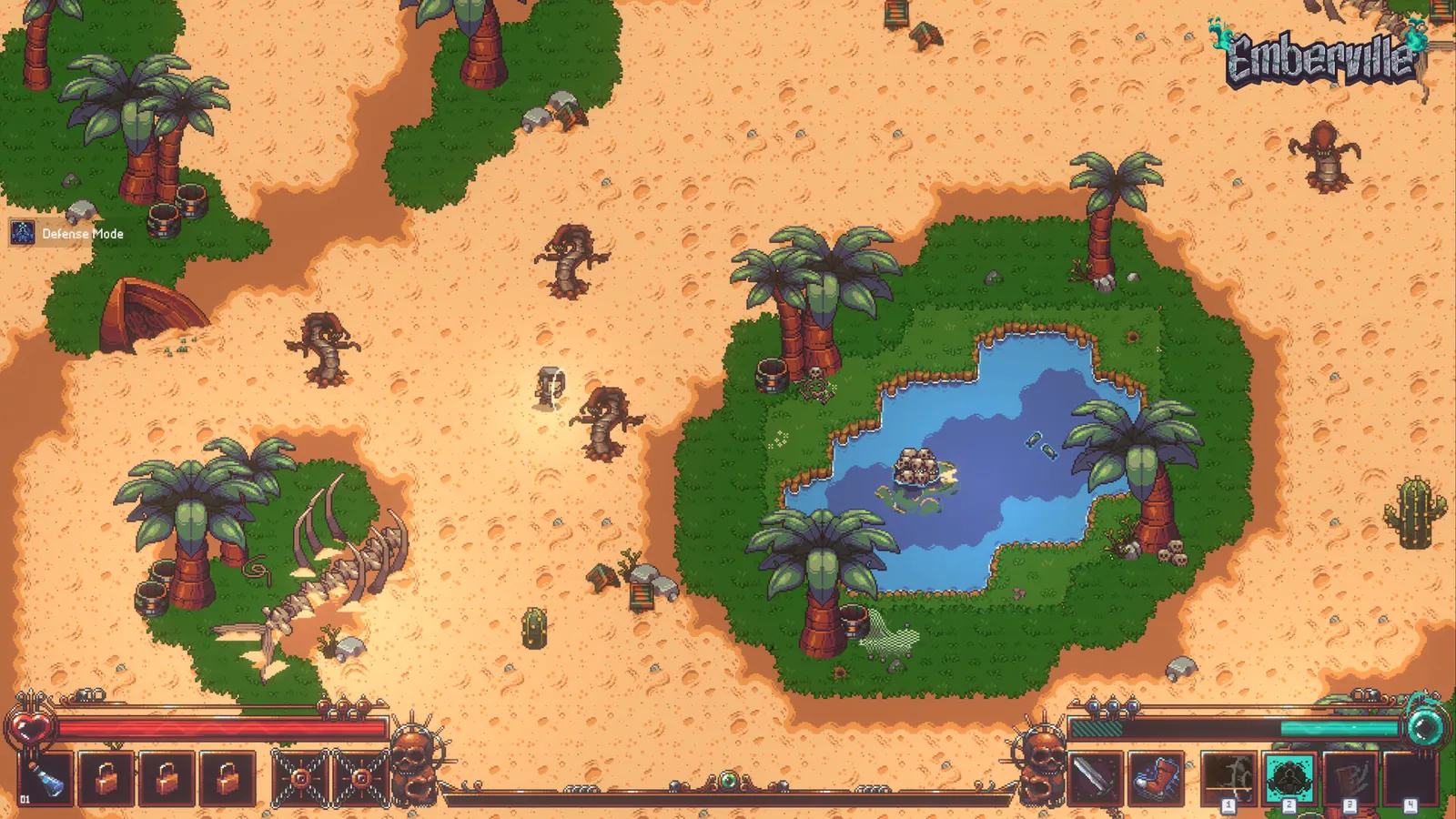 A desert biome with palm trees around a blue oasis pool