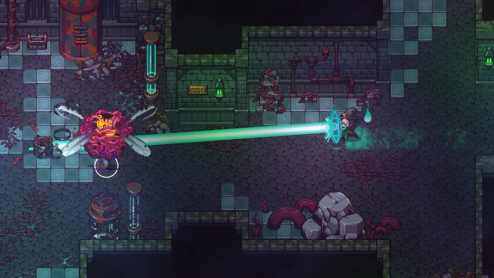 Dungeon combat: a teal energy beam fired across a tiled chamber at a crystal creature