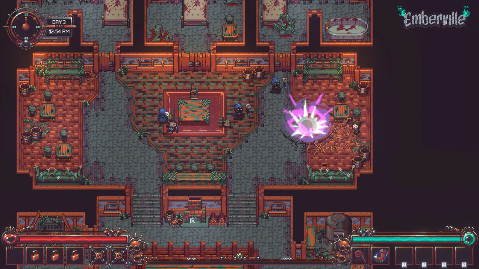 A red-brick hall with a burst of pink kymia magic in the centre
