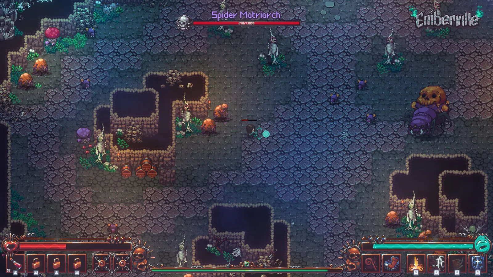 The Spider Matriarch boss in a dark cavern, its health bar across the top of the screen