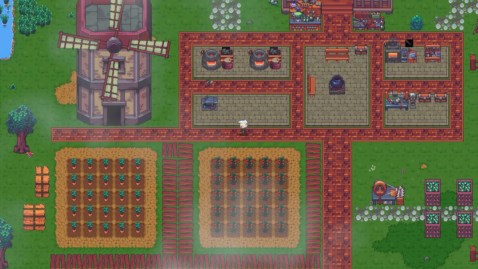 A walled estate with a windmill, tilled crop plots and crafting stations in green pixel-art fields