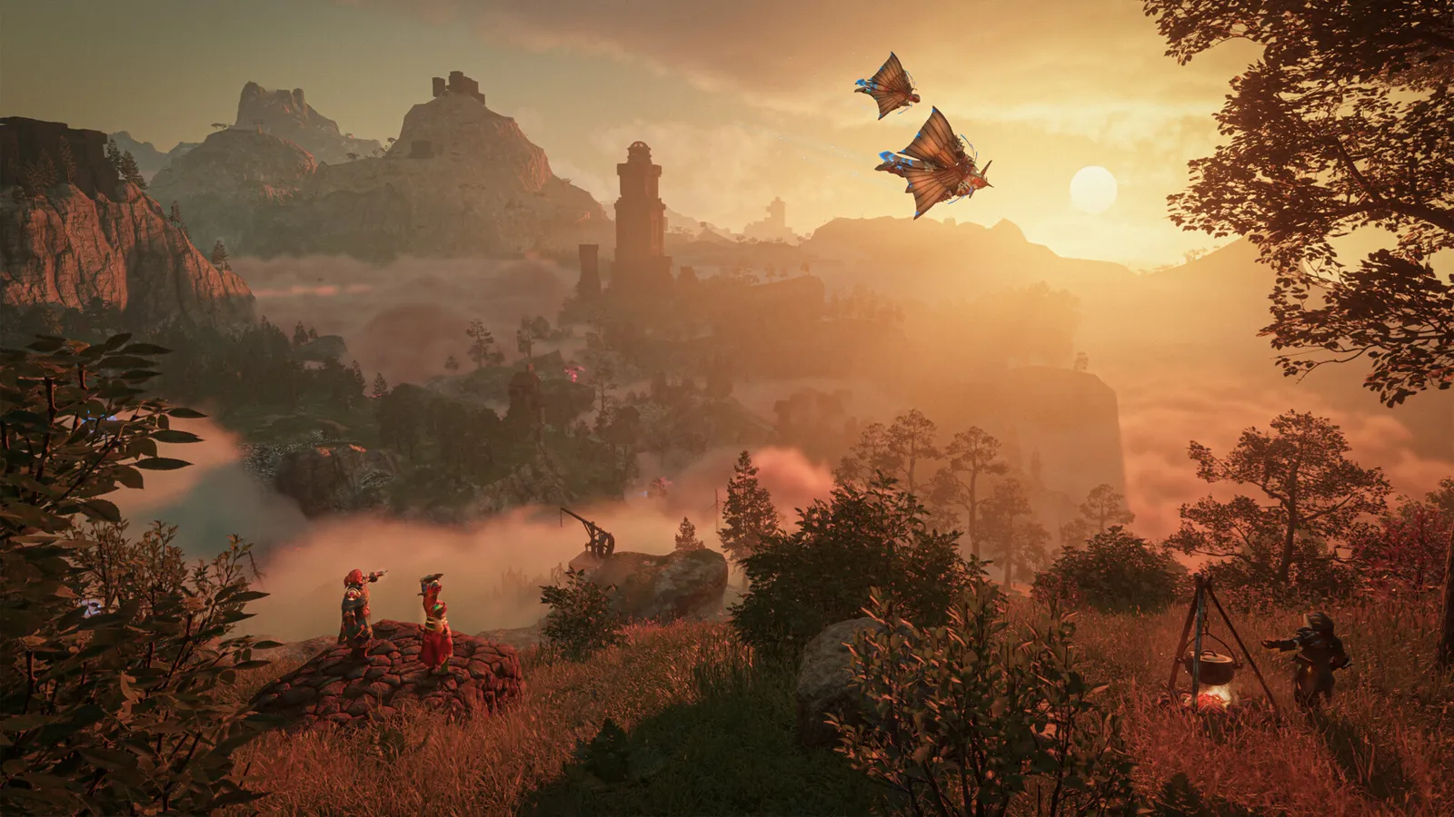 Players at a camp on a hilltop at sunset, gliders in the sky over misty valleys and ruined towers
