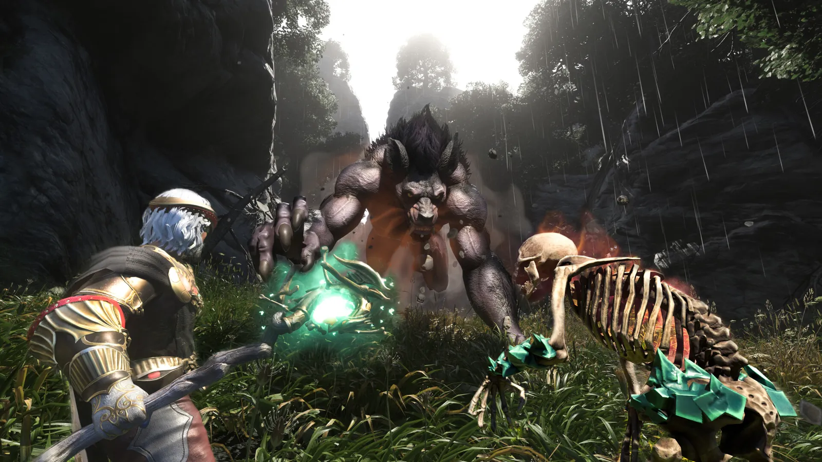 A mage with a glowing green wand fighting a huge furred beast beside a summoned skeleton