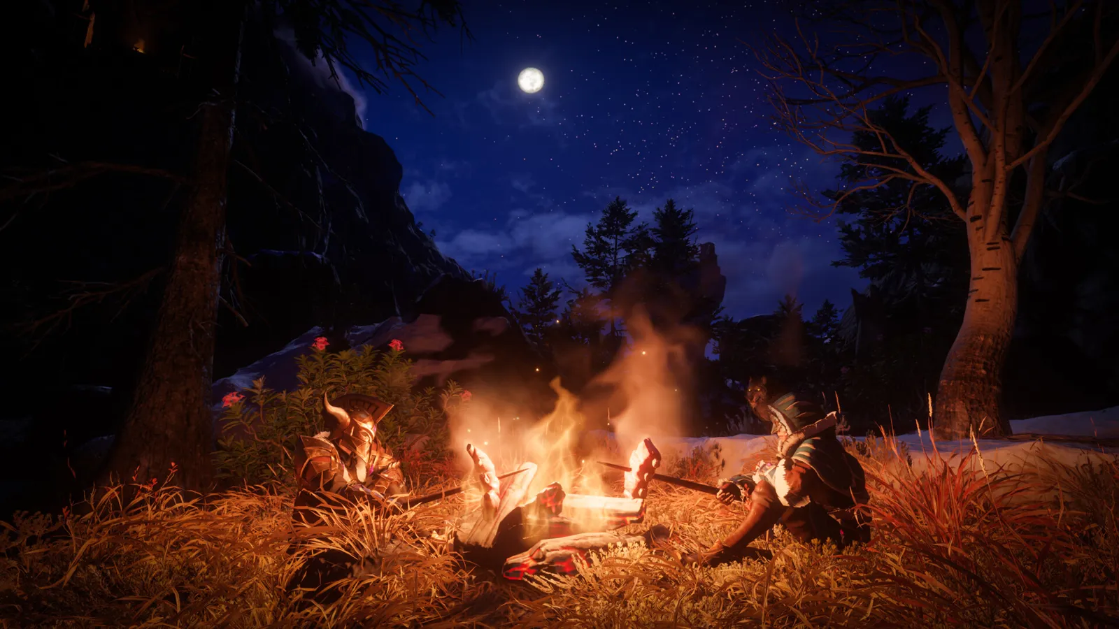 Two players roasting food over a campfire under a full moon