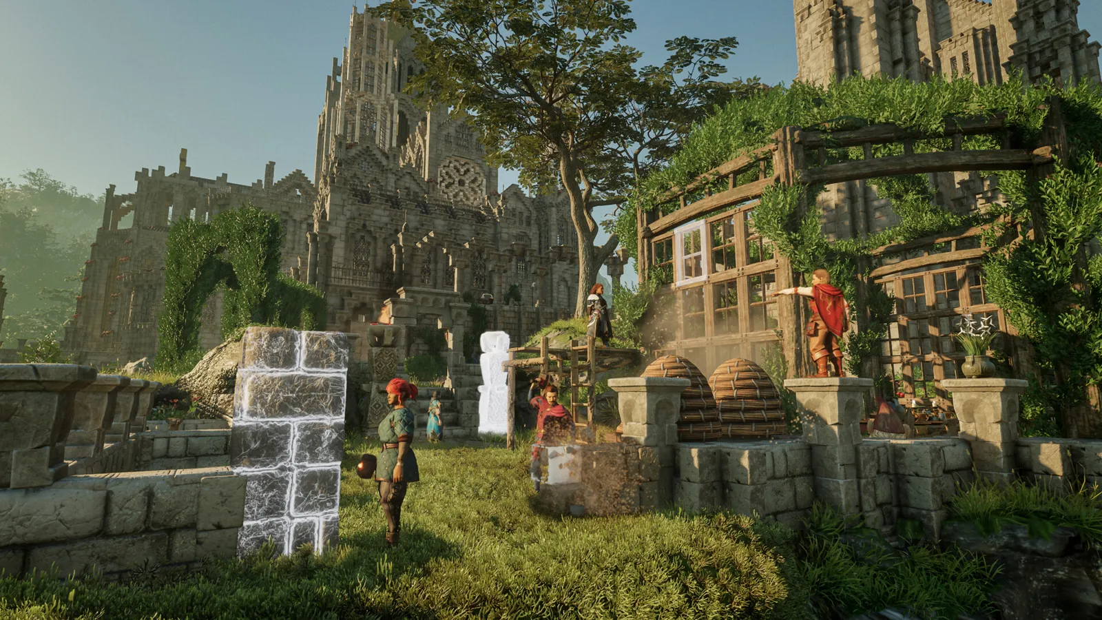 A player base with beehives, a greenhouse and survivors in front of a ruined cathedral