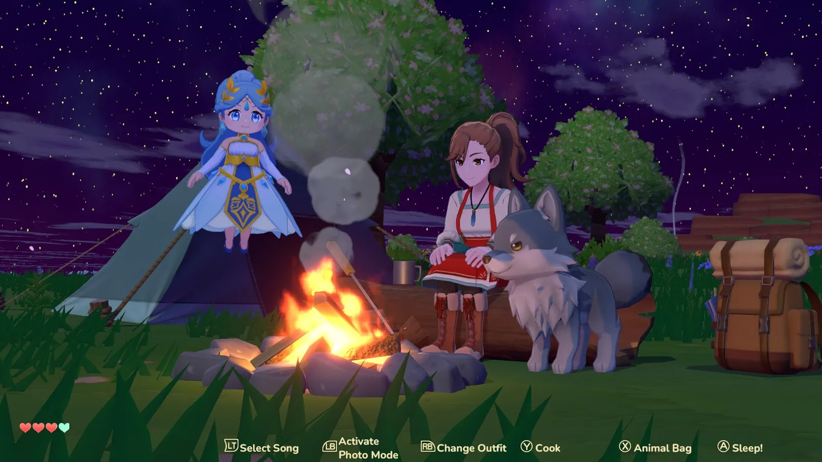The player at a night campfire with the Harvest Goddess and a wolf companion