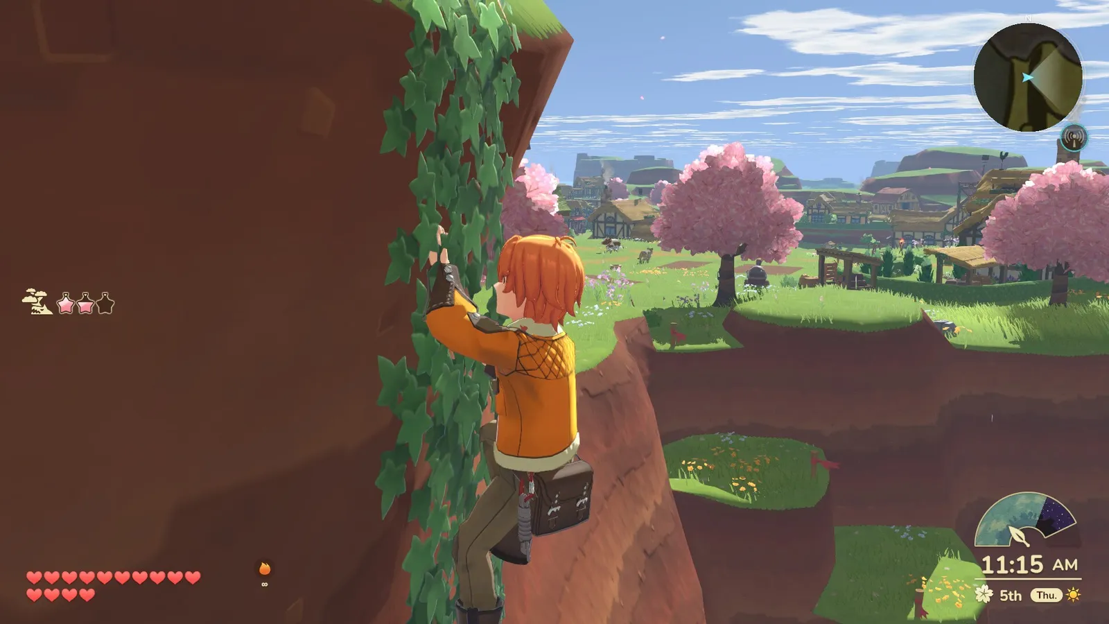 Climbing a vine-covered cliff above blossoming trees