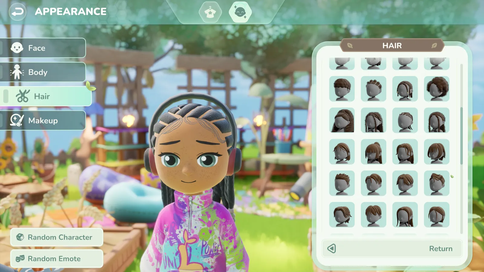Loftia's character creator open on the hair tab