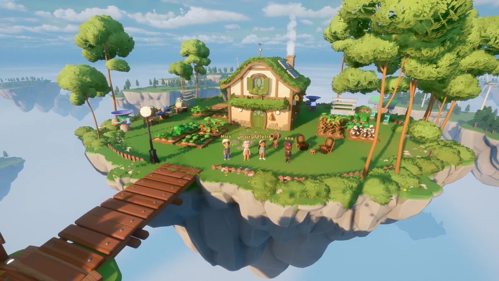 A player's floating island in Loftia with a cottage, crop beds and a wooden bridge