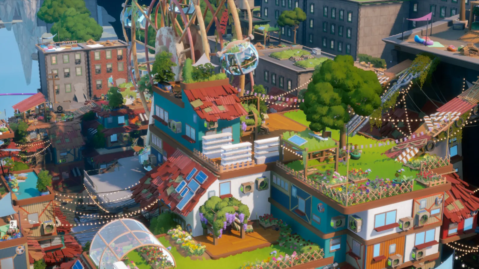 The Gridfall district: stacked brick buildings with rooftop gardens and solar panels