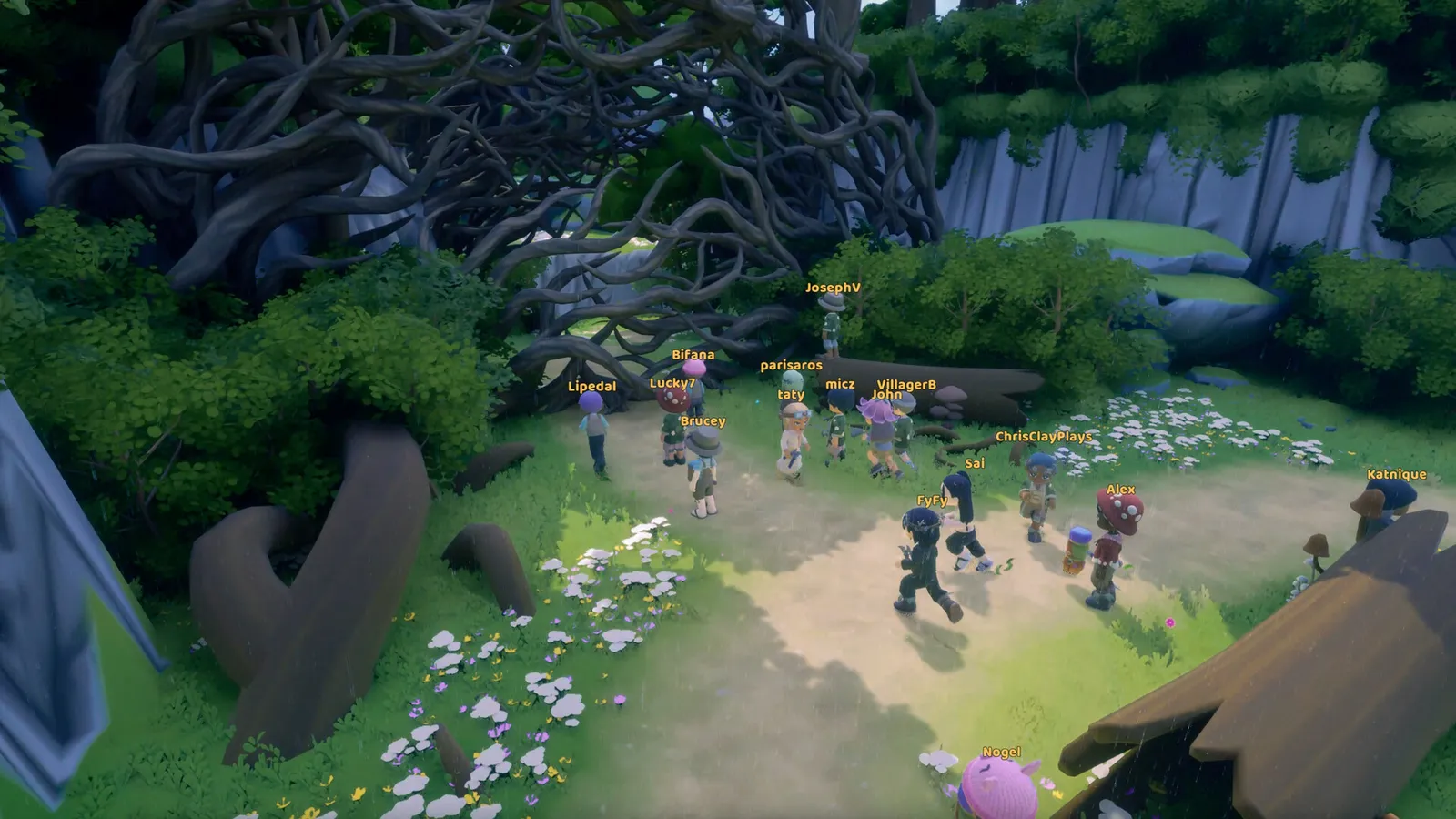 A group of players exploring a forest clearing together in Loftia
