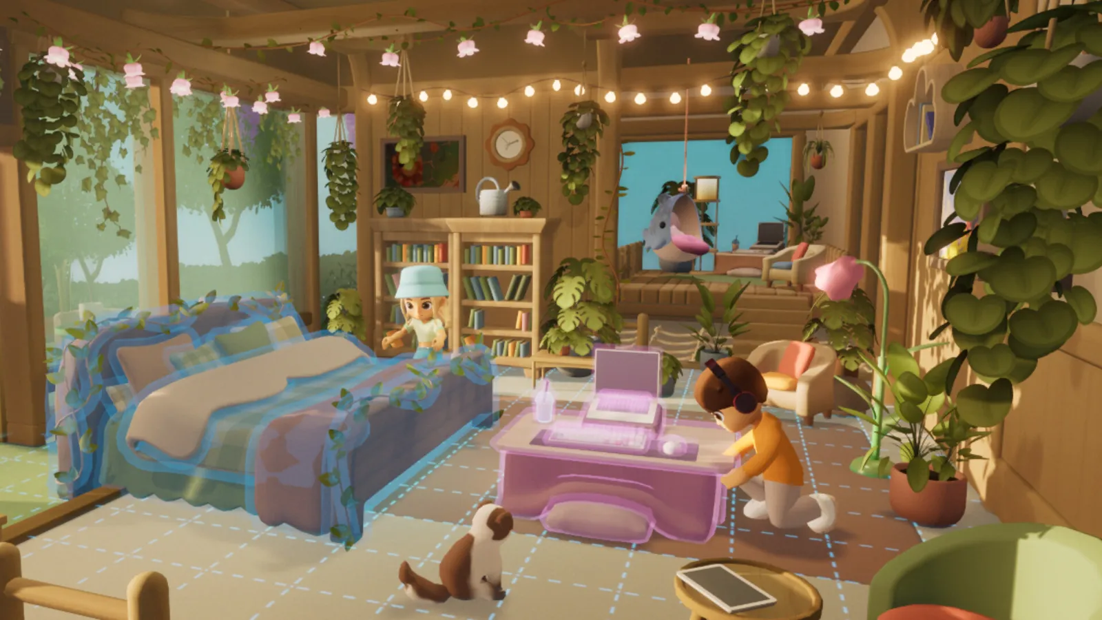 A decorated Loftia home interior with plants, string lights and a pet dog