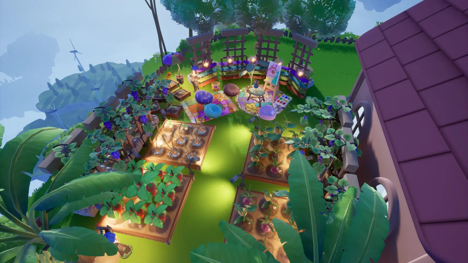Raised garden beds and trellises on a Loftia island