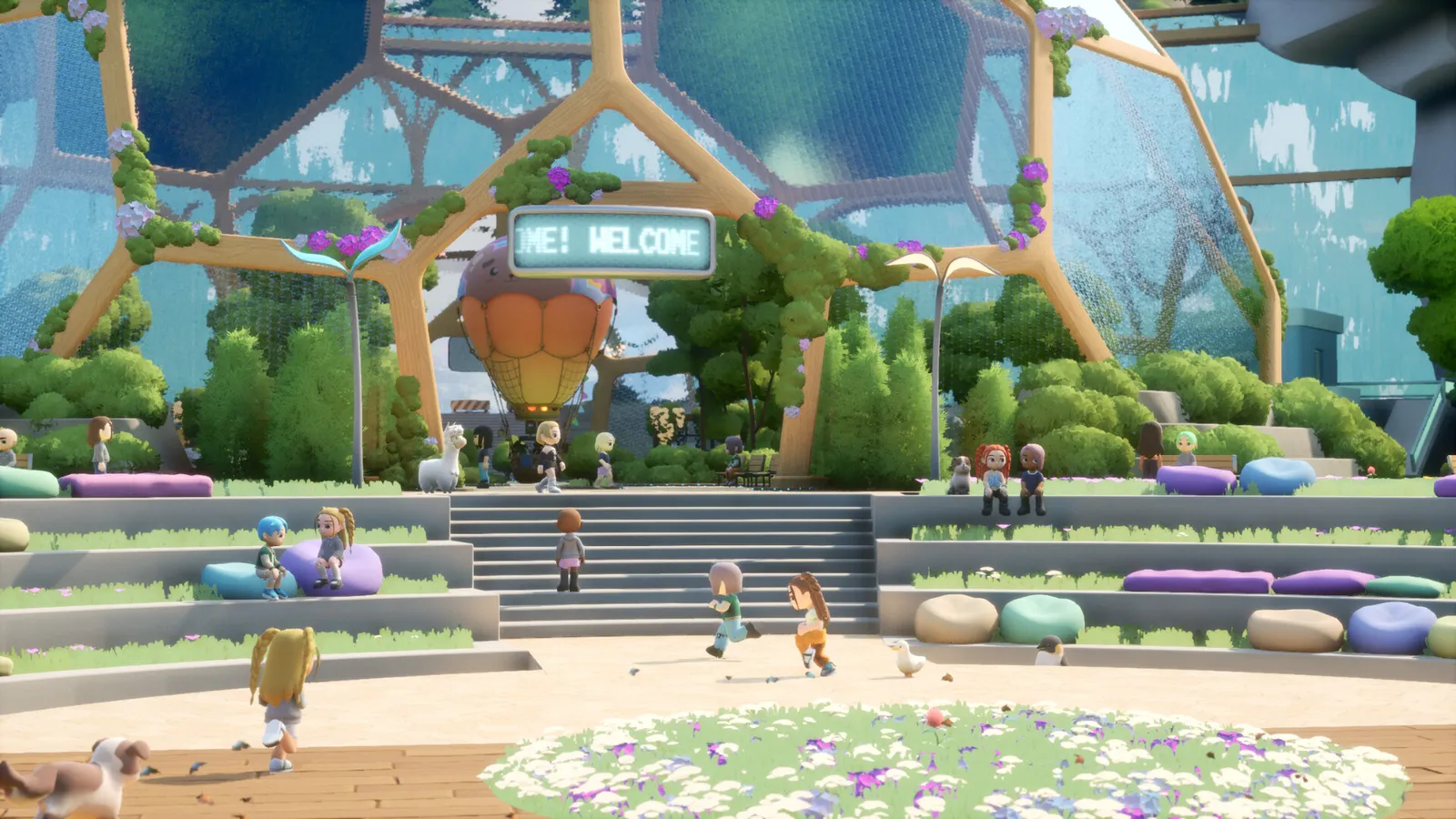 Players gathering in the domed plaza of Loftia City