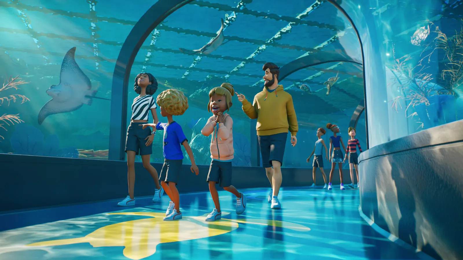 Guests walking through a glass aquarium tunnel with a ray overhead