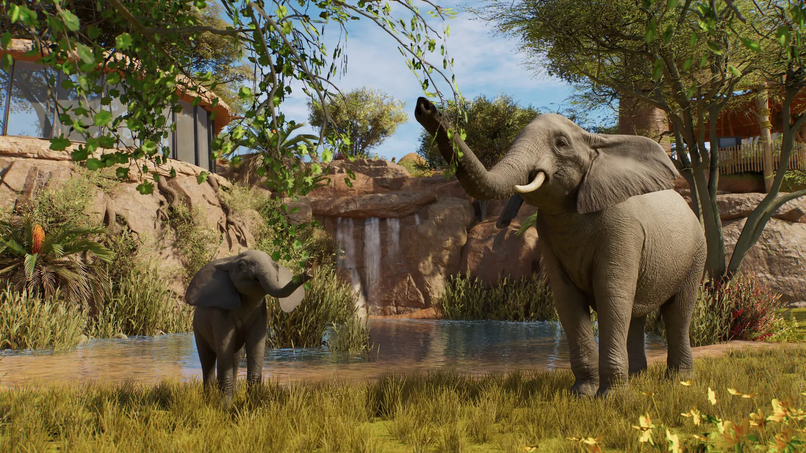 An African elephant and calf in a lush zoo habitat