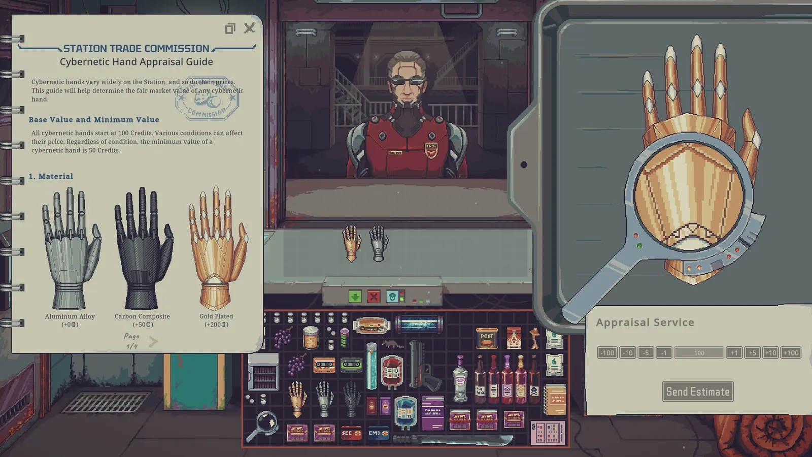 Appraising a gold cybernetic hand with the Cybernetic Hand Appraisal Guide open
