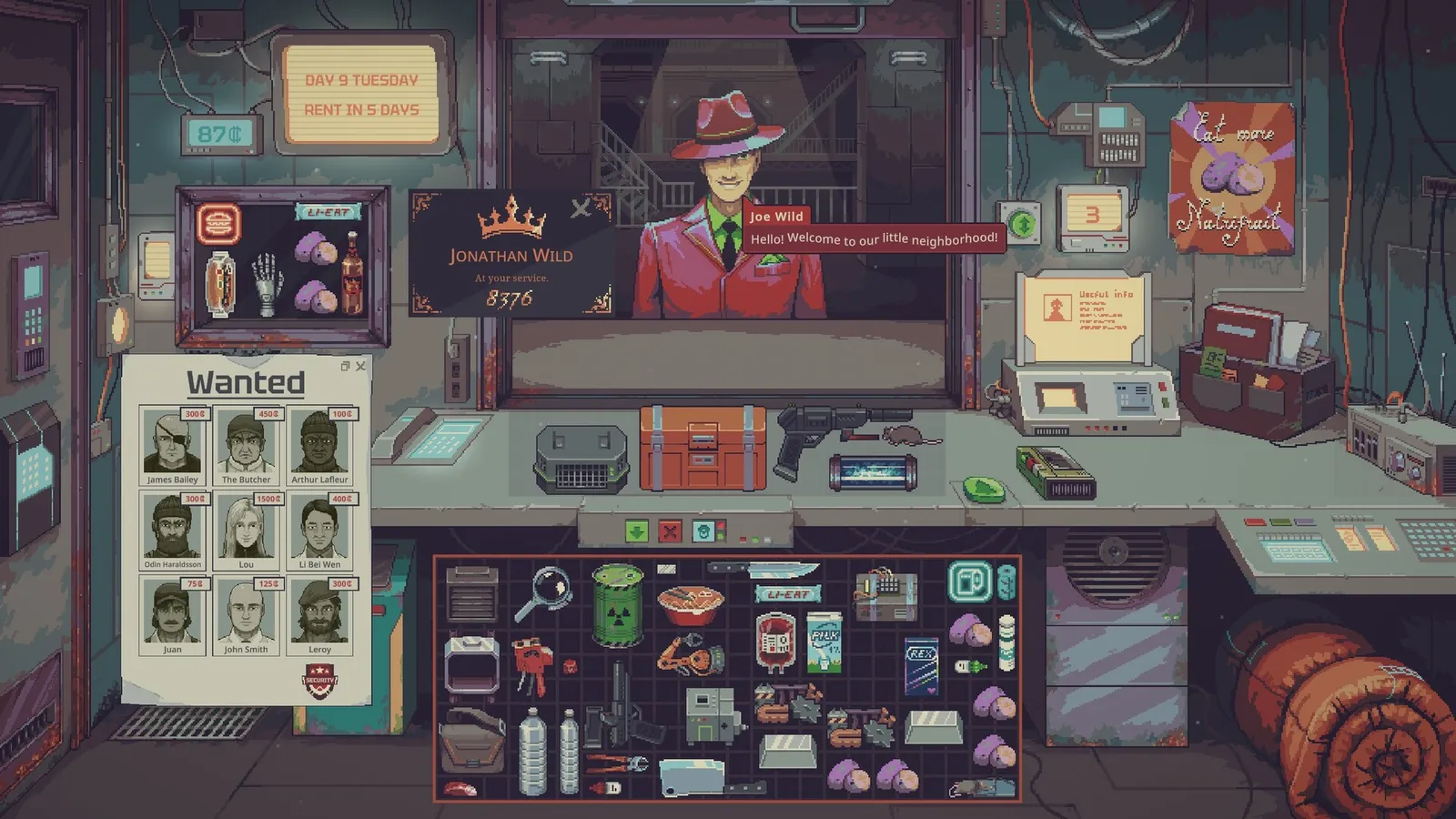 The shop counter: Jonathan Wild at the window, the Wanted poster on the left and the inventory grid below
