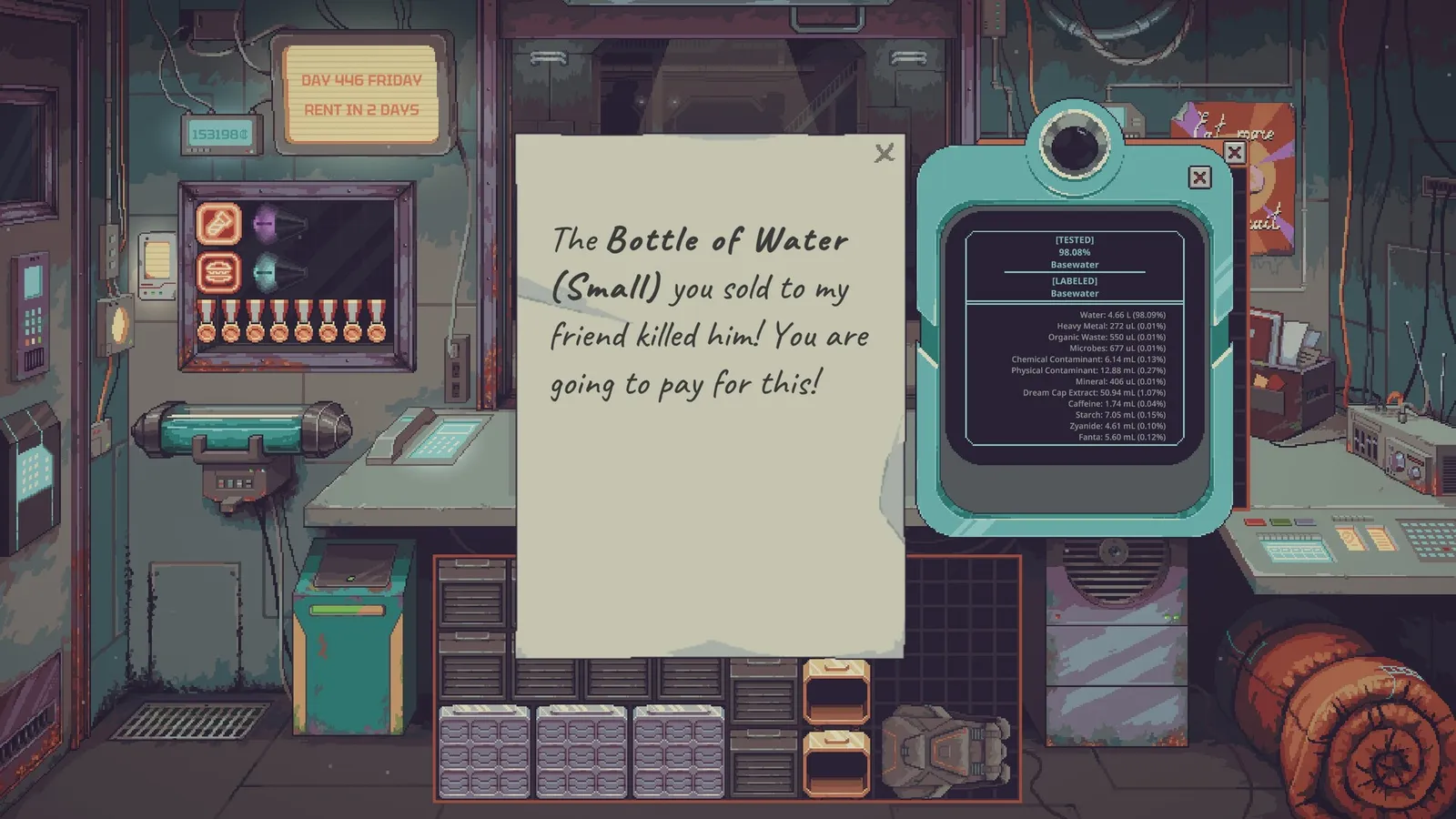A note saying the small bottle of water you sold killed someone's friend, beside the AquaScan readout
