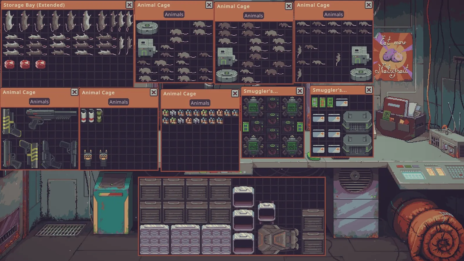 Rows of animal cages and storage bays full of rats