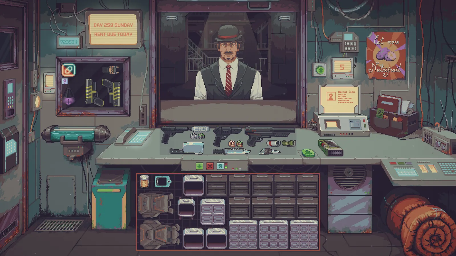 A man in a bowler hat and waistcoat at the counter; the day sign reads Day 259 Sunday, Rent due today