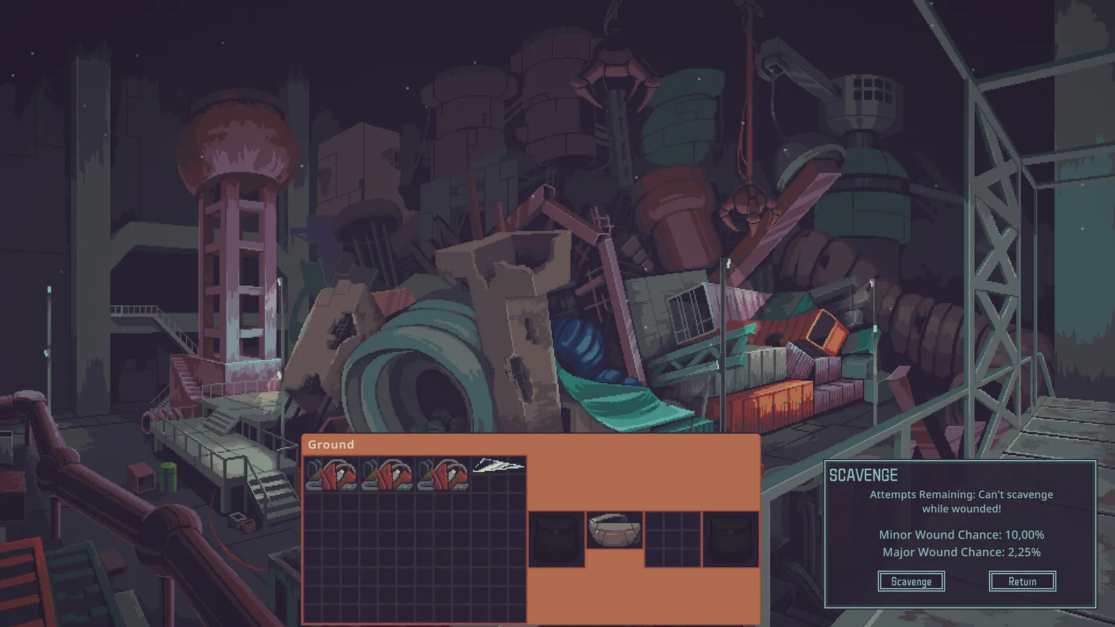 Scavenging at the dumping grounds at night, with wound chances in the corner