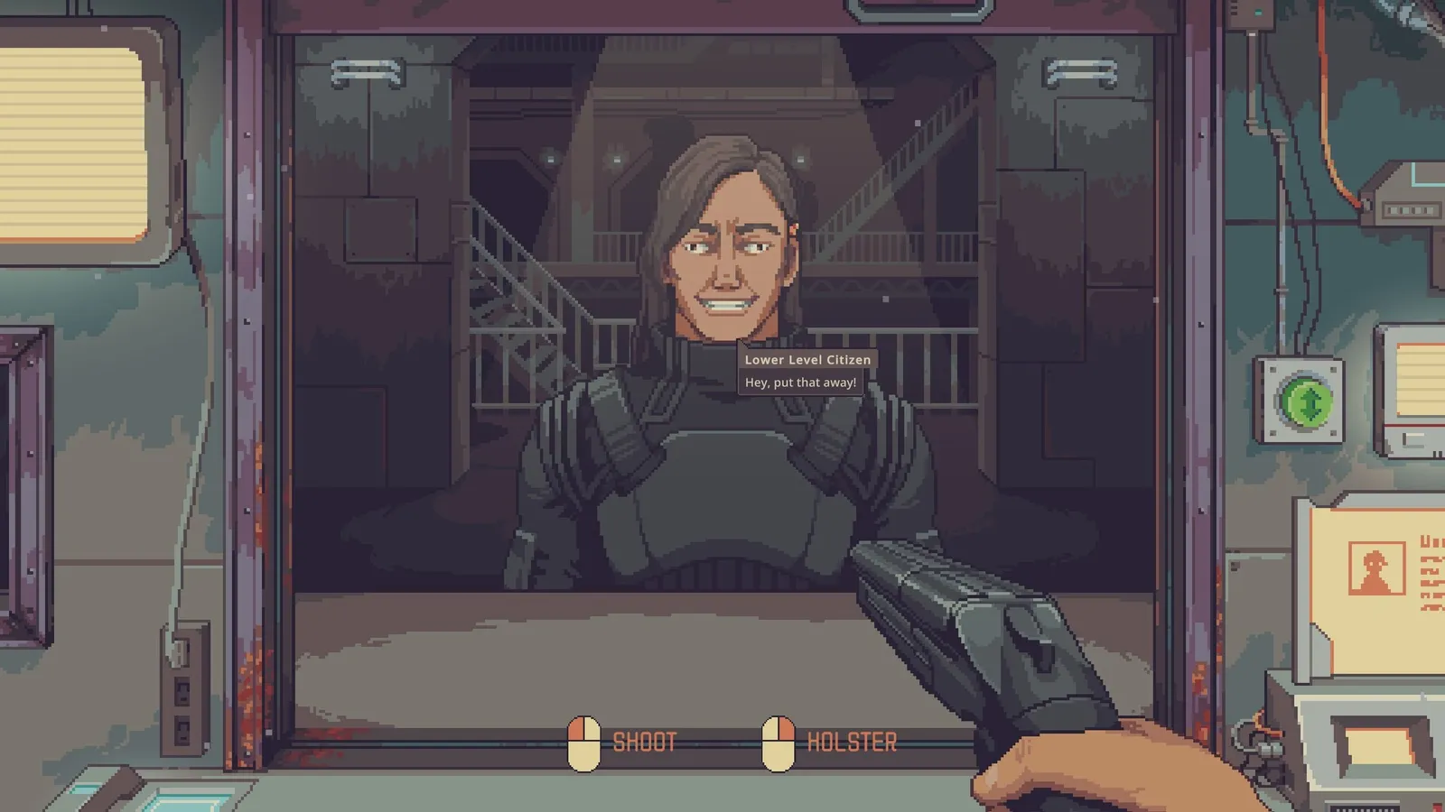 First-person view aiming a pistol at a lower-level citizen, with Shoot and Holster buttons