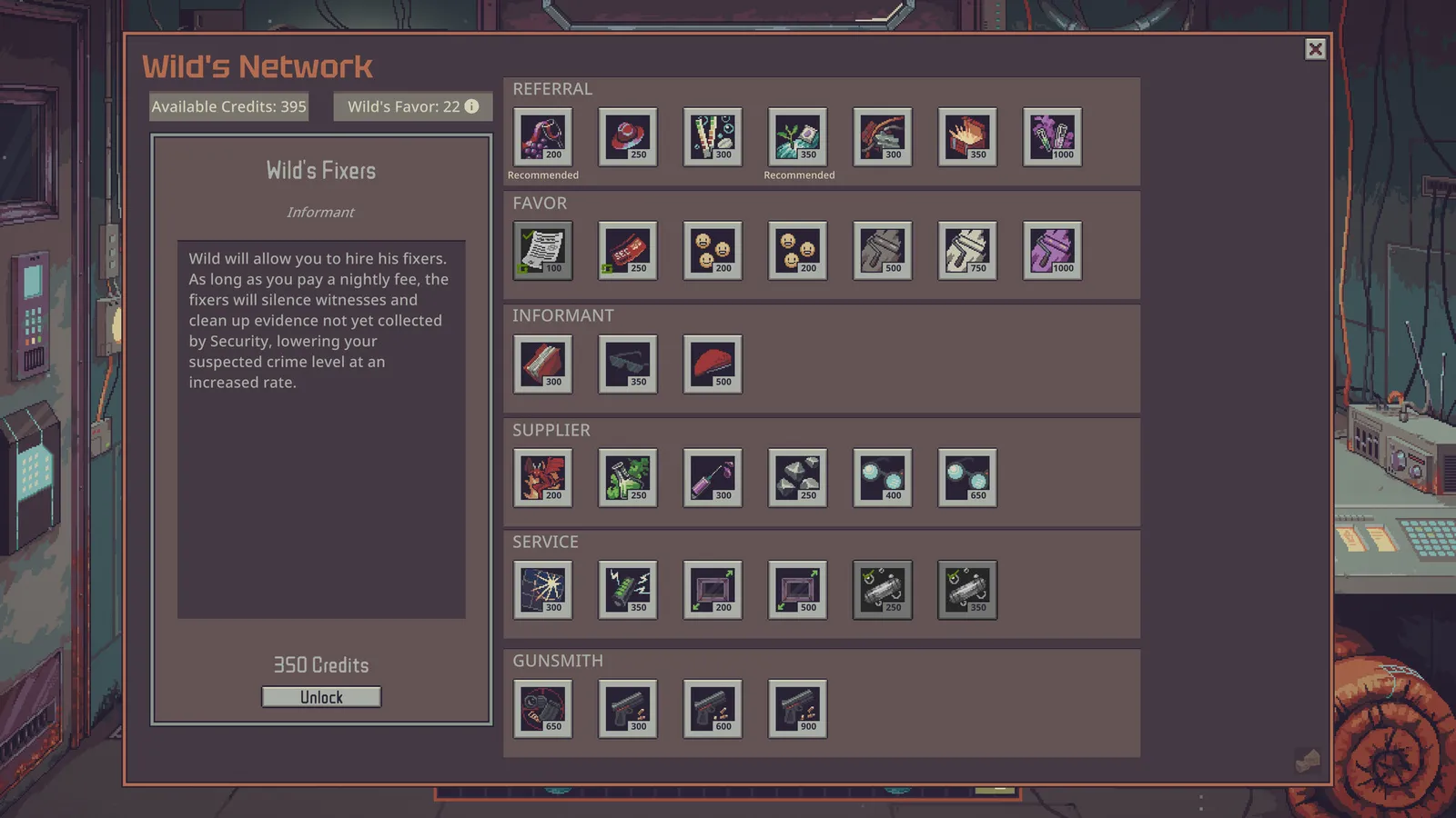 Wild's Network upgrade board: referral, favor, informant, supplier, service and gunsmith upgrades
