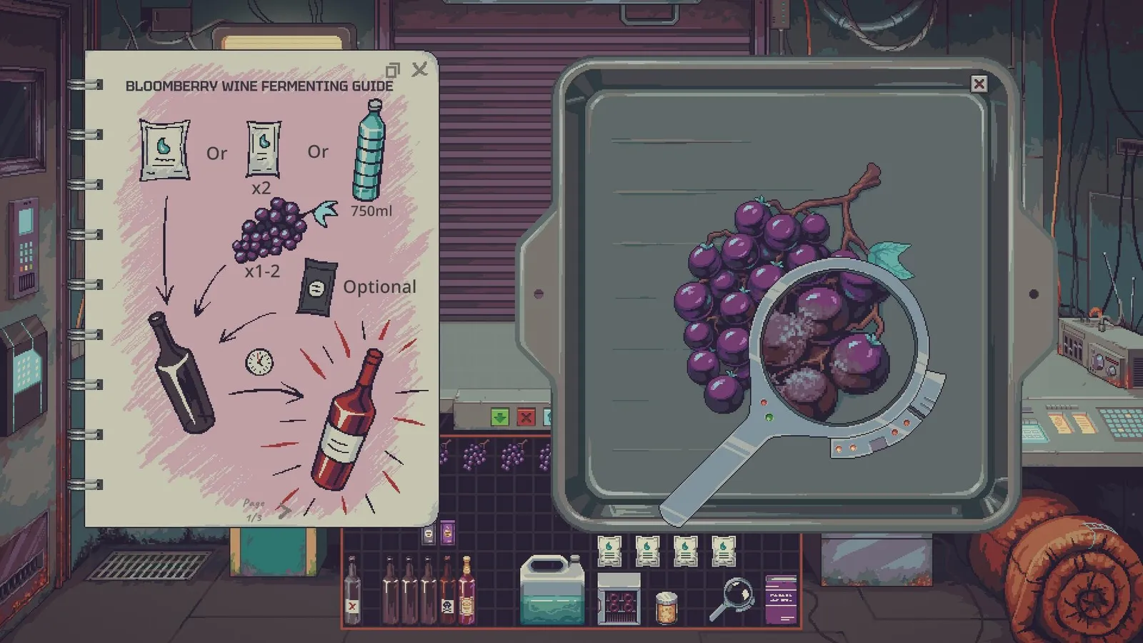 The Bloomberry wine fermenting guide (berries, 750 ml of water, optional yeast, a bottle) beside a bunch of grapes under the magnifier