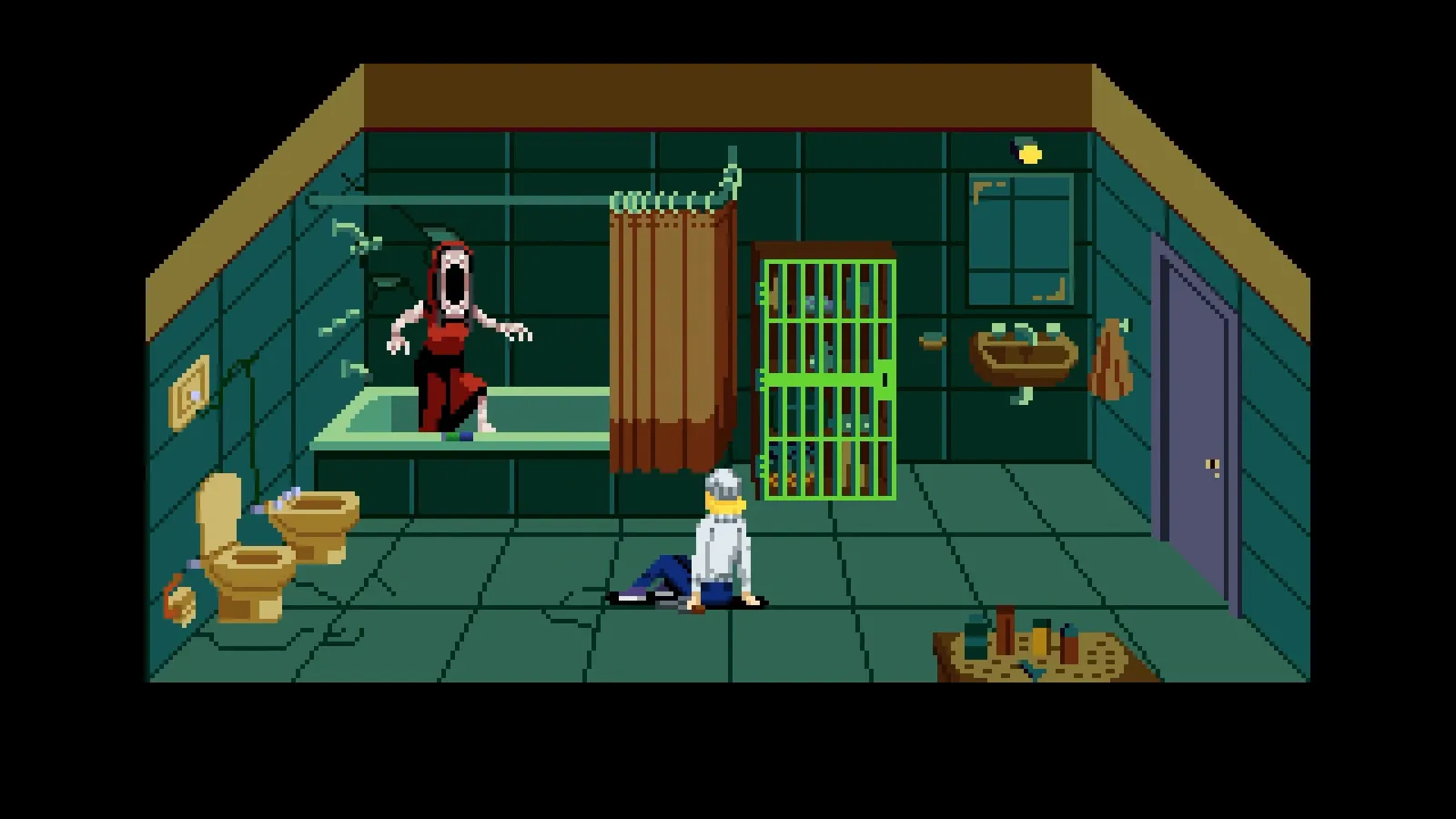 Pixel-art bathroom: a screaming ghoul rises from the bathtub as the white-haired heroine falls back