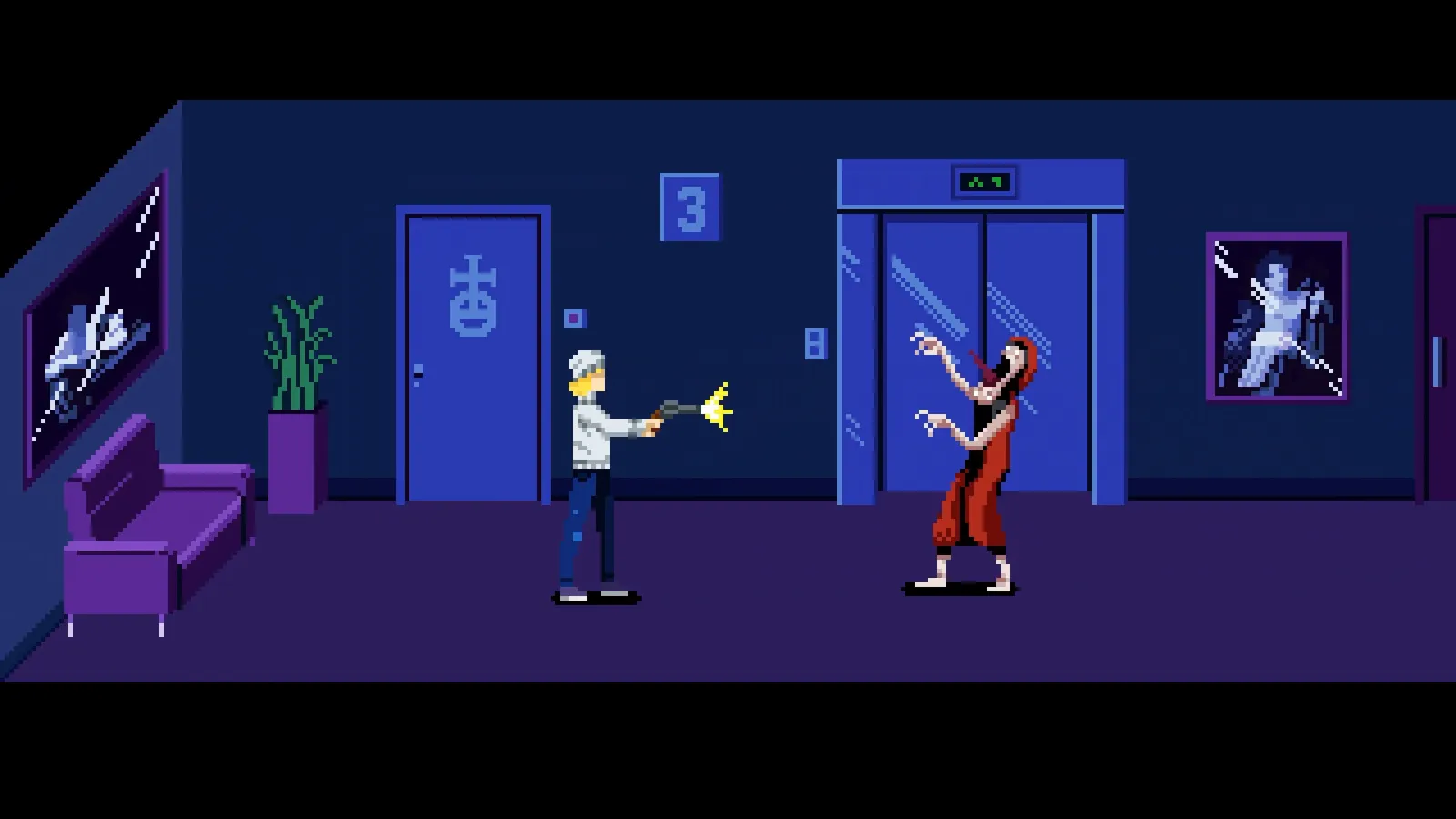 Pixel-art apartment hallway on floor 3: the heroine fires a pistol at a long-haired ghoul by the elevator