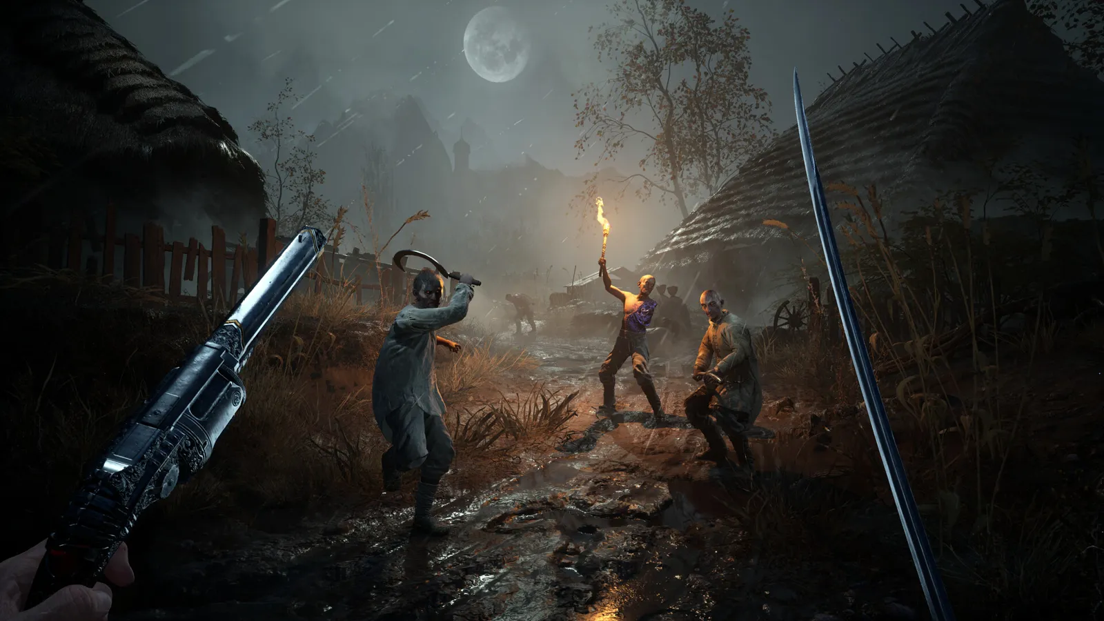 First-person view with a pistol and sabre as plague-ridden villagers with torches and sickles approach at night