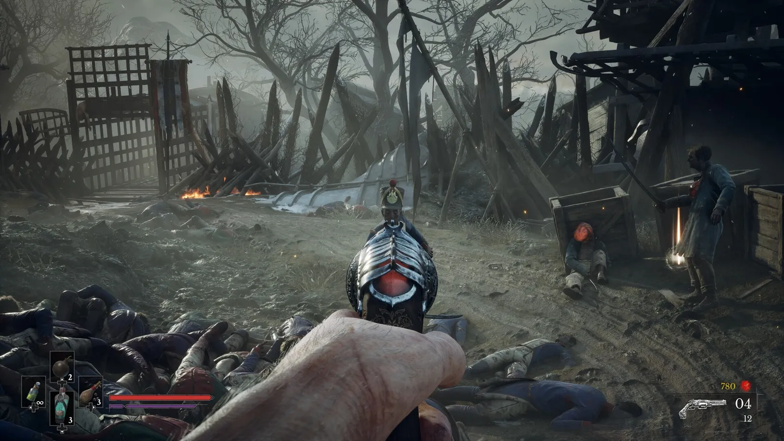 Aiming an ornate pistol across a battlefield of fallen soldiers and broken palisades