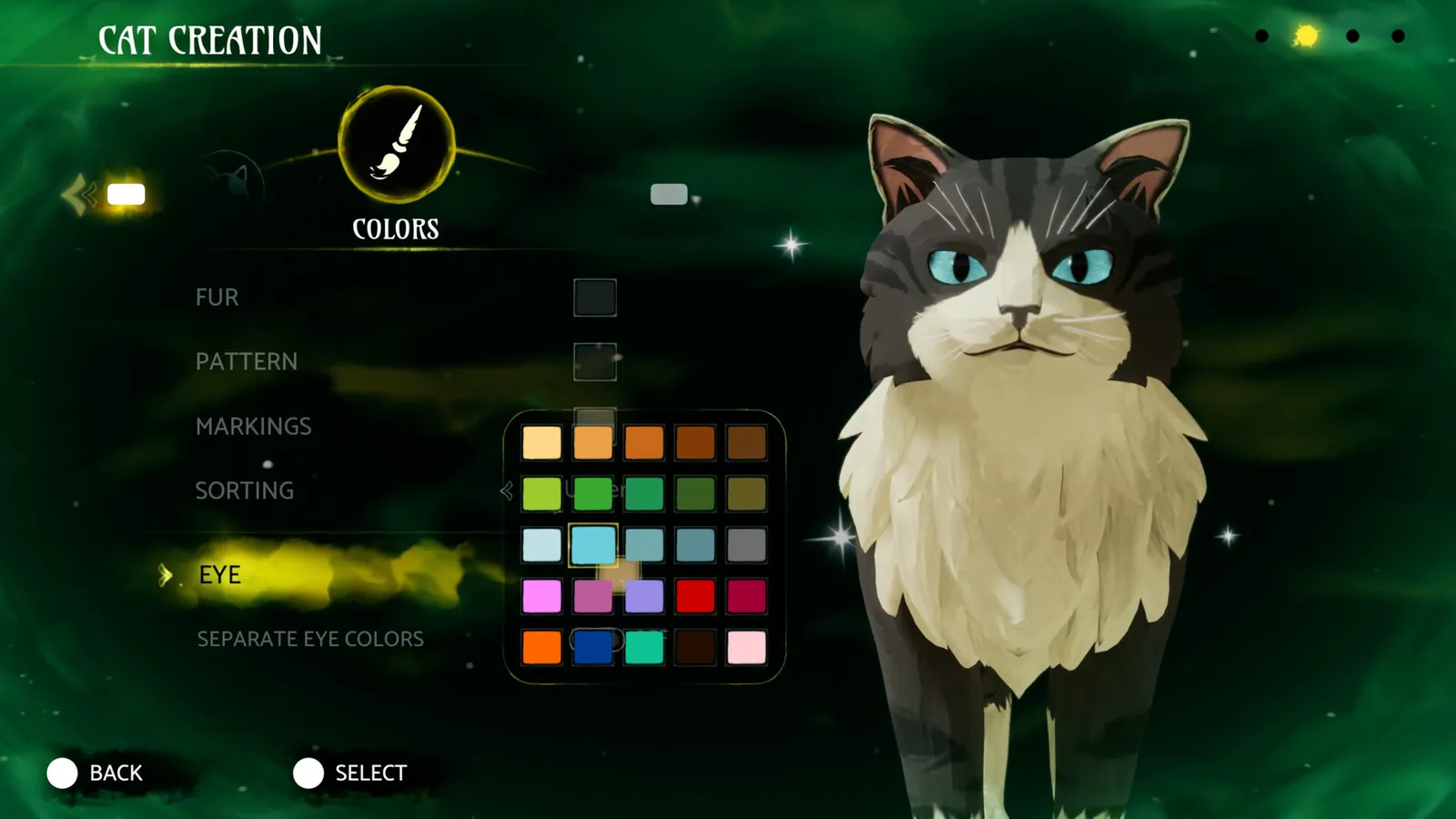 The cat creator's Colors tab with fur, pattern, markings and eye colour swatches next to a grey and white cat