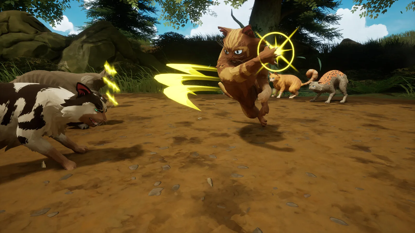 A ginger warrior leaping at a black and white cat with a targeting ring in combat