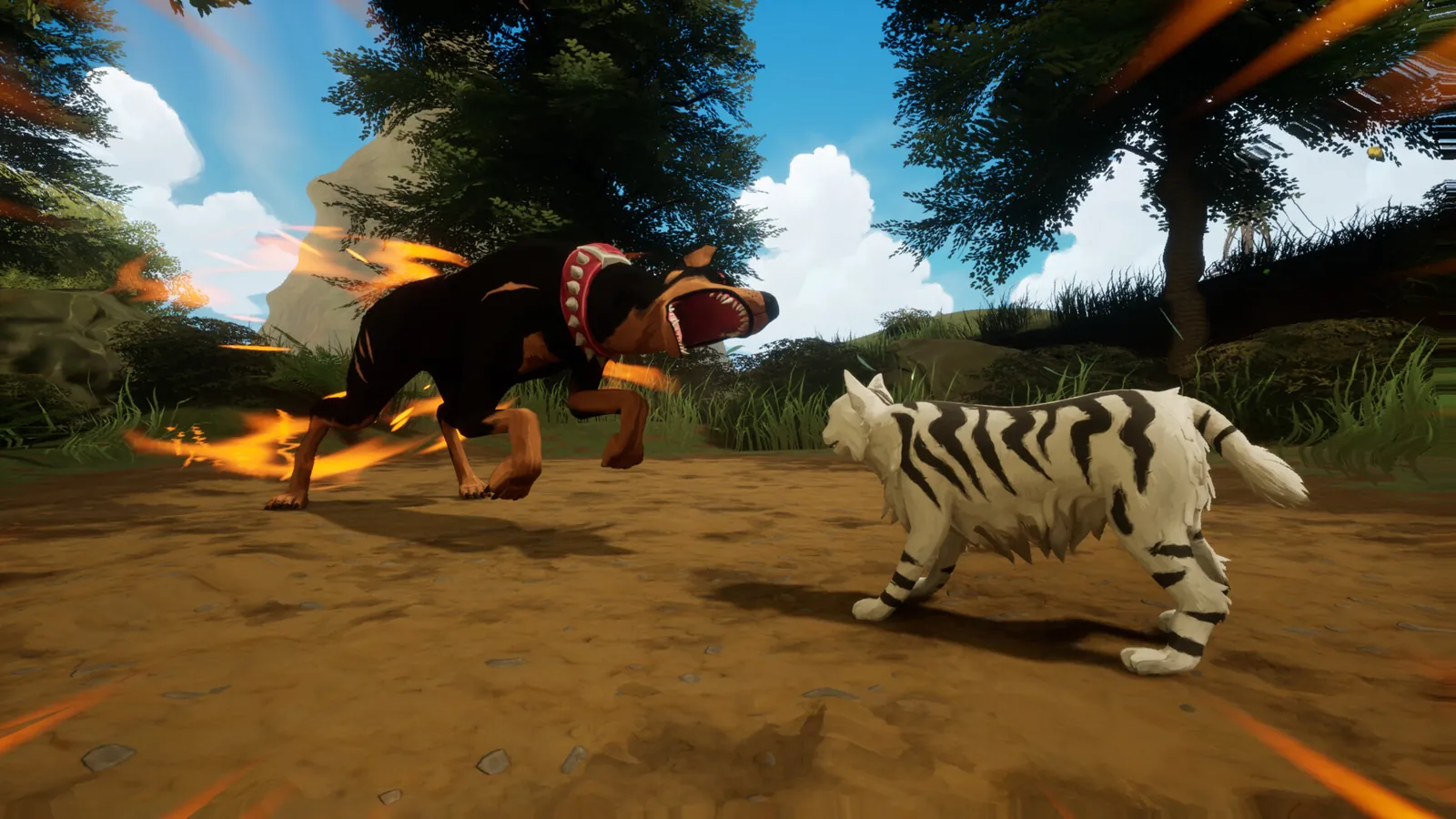 A striped white cat squaring up to a snarling Dobermann with a spiked collar